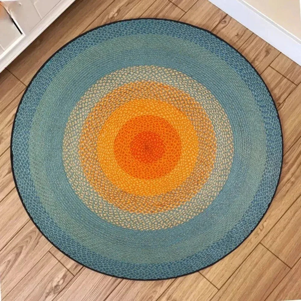 tapis rond vert jaune bleu rayures concentriques moderne salon chambre decoration interieur polyester tissé