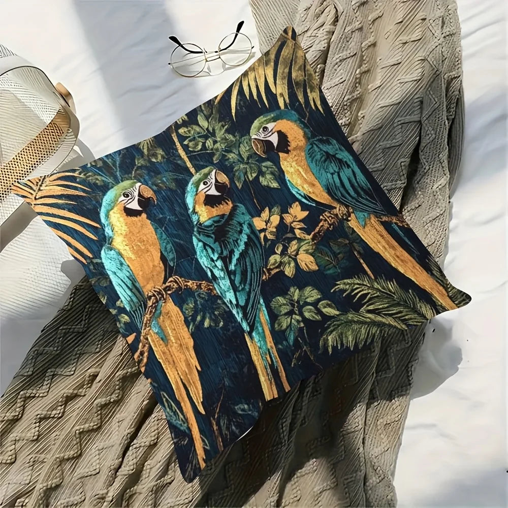 housse coussin carré vintage oiseaux exotiques feuilles tropicales bleu vert doré polyester peacheskin 45x45cm