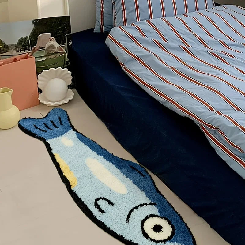 tapis poisson stylisé bleu blanc jaune moderne antidérapant polyester absorbant d'intérieur extérieur
