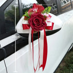 décorations florales voiture mariage roses orchidées rubans satinés rétroviseur bleu rose rouge blanc