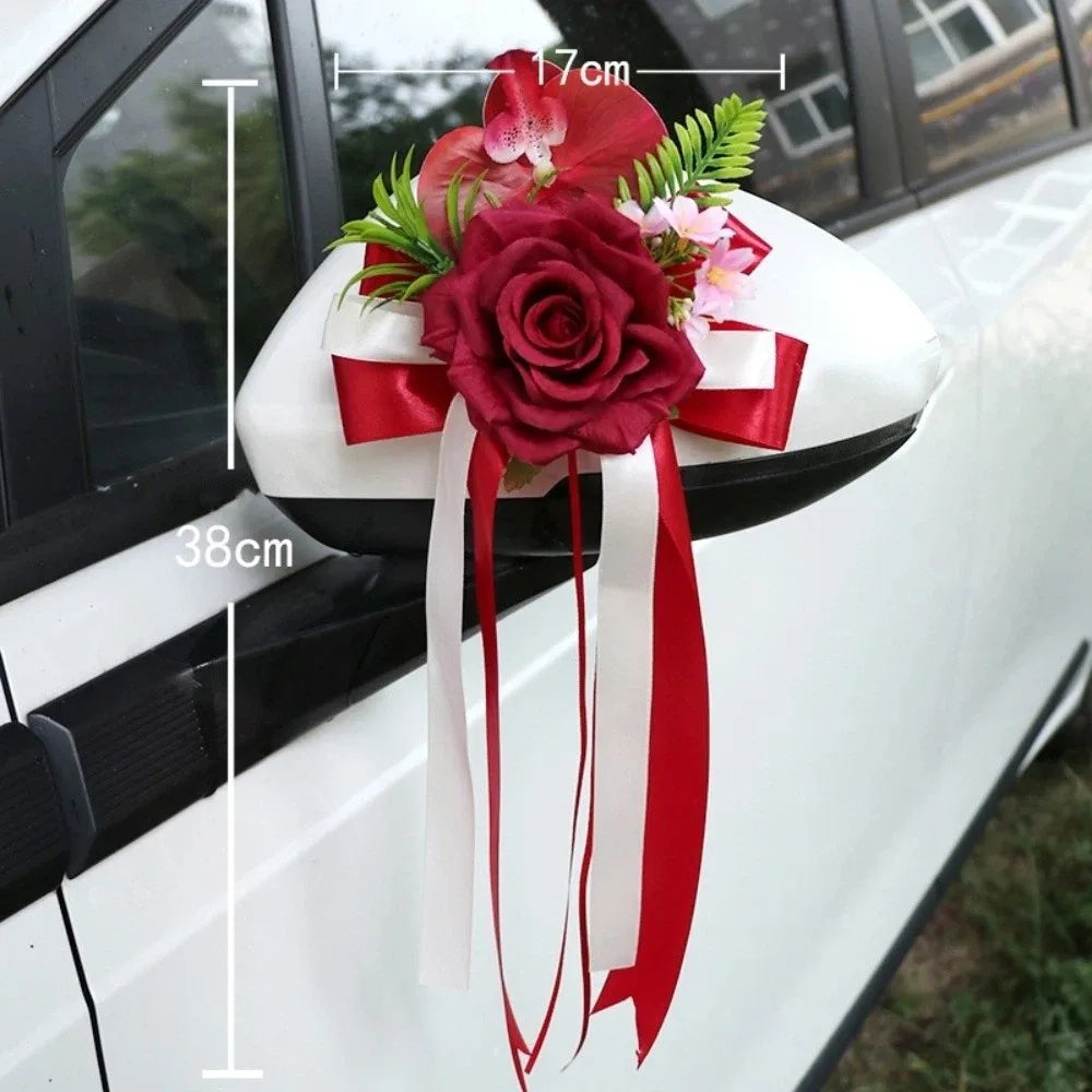 décorations florales voiture mariage roses orchidées rubans satinés rétroviseur bleu rose rouge blanc