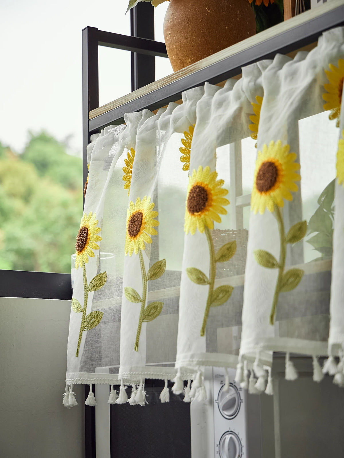 rideau blanc tournesols brodés feuilles vertes franges fenêtre japonais coréen translucide