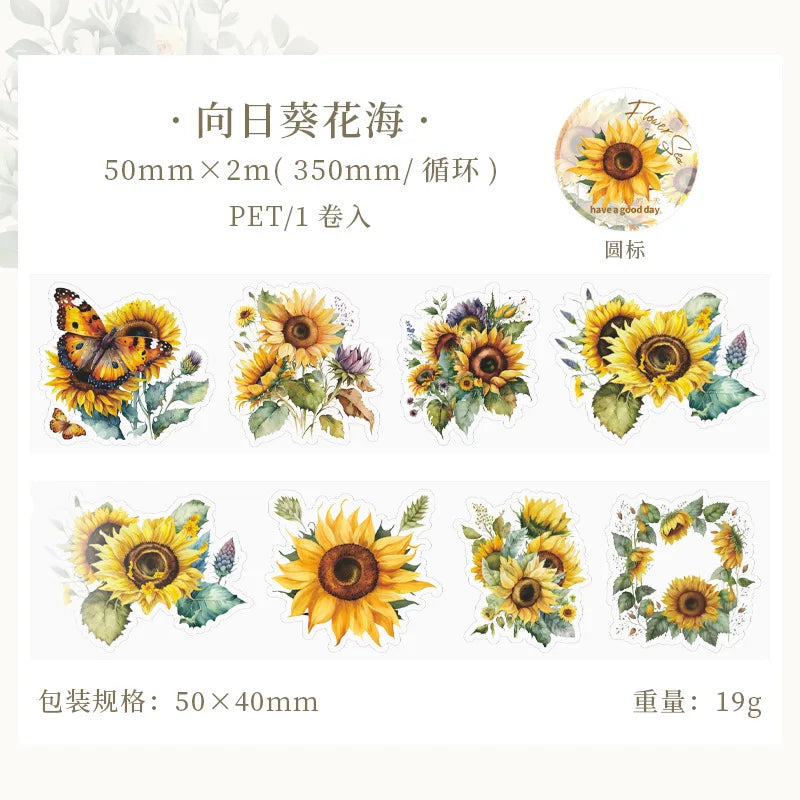 ruban decoratif floral vintage adhesif jaune orange rose violet vert blanc tournesols roses motifs