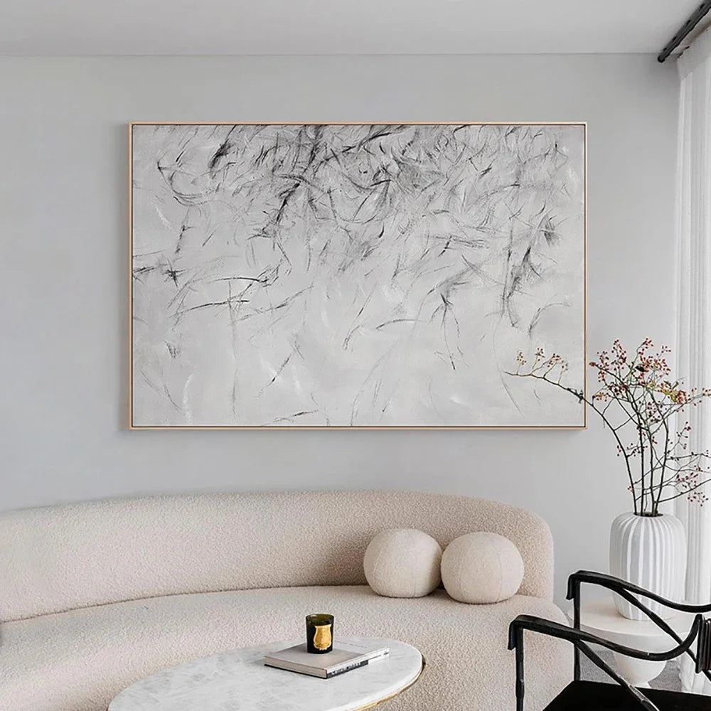 tableau abstrait moderne peinture toile blanche gris noir lignes horizontales sans cadre