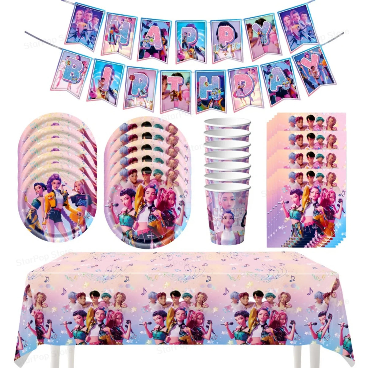 kit décoration anniversaire fille personnages dessin animé assiettes gobelets serviettes nappe guirlande rose violet