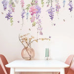 stickers muraux art floral fleurs suspendues feuilles violettes roses vertes blancs adhésifs chambre décoration