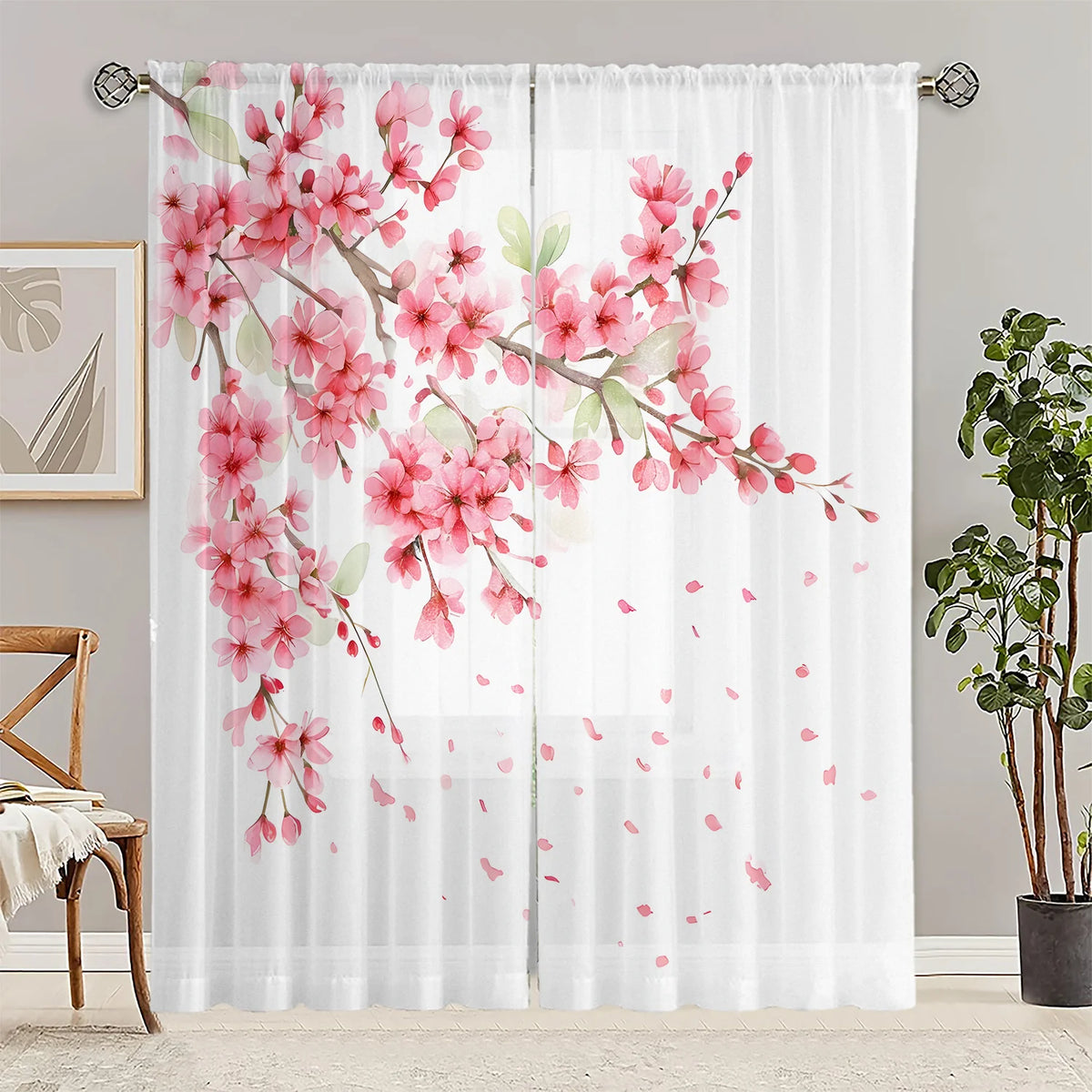 rideau moderne fleurs cerisier transparent blanc rose vert polyester chambre salon