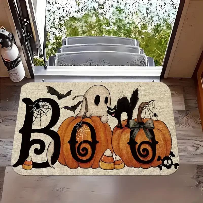 tapis halloween citrouilles boo chauves souris squelette polyester antidérapant moderne orange noir blanc