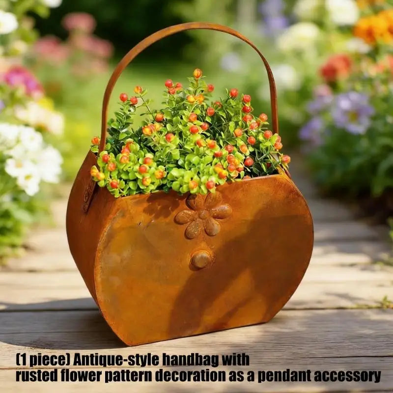 pot fleurs vintage sac main rouille décoration intérieure plante artificielle orange reliefs floral