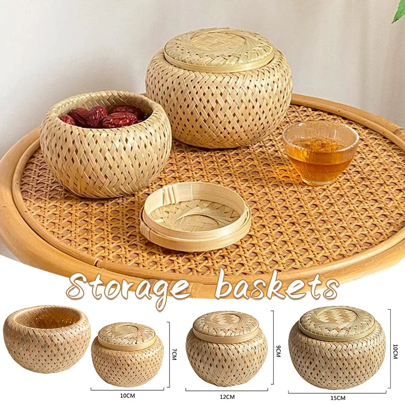 paniers rangement bambou tissé main couvercle motif géométrique naturel traditionnel bohème durable écologique