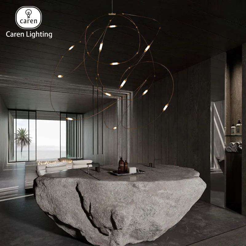suspension lumineuse contemporaine filigrane doré led opalescente grande salle