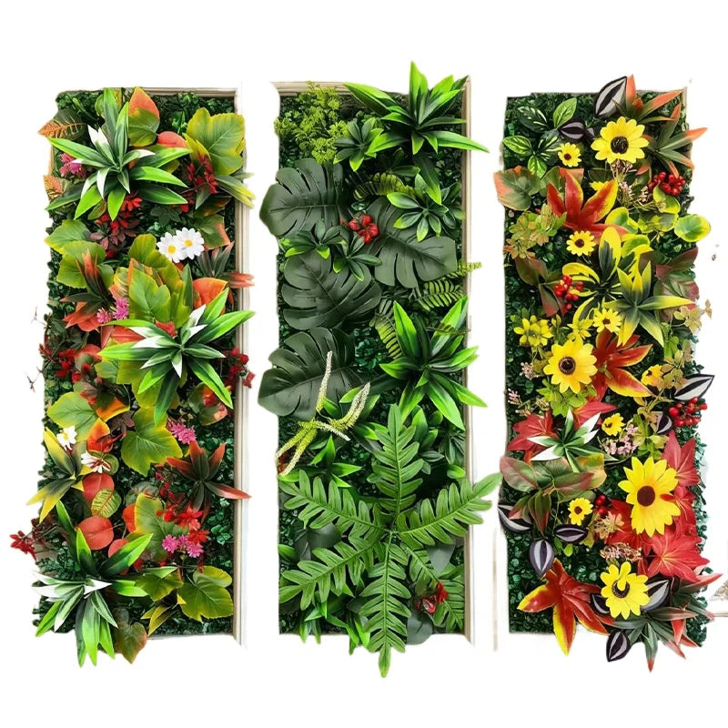 panneaux muraux végétaux artificiels feuilles fleurs mousse décoration extérieure contemporaine verte rouge jaune orange