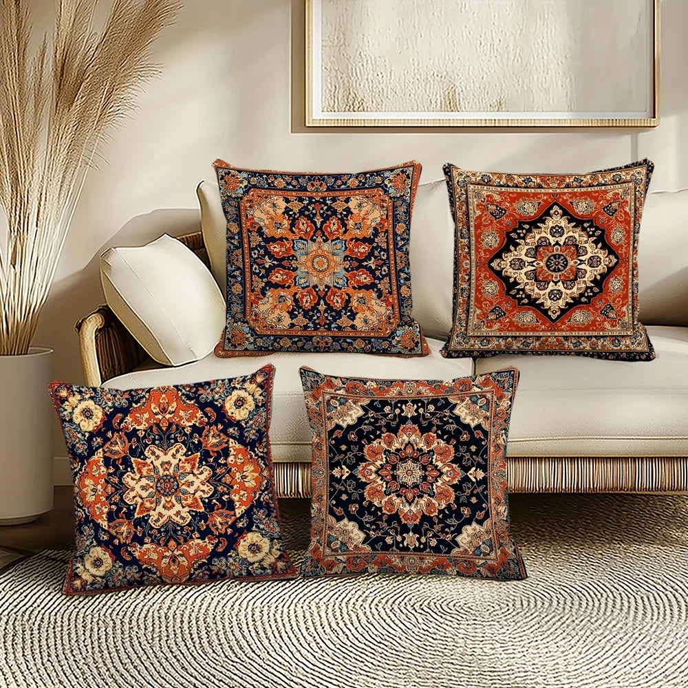taies d'oreiller décoratives motifs floraux géométriques vintage bleu marine orange beige blanc polyester peachskin