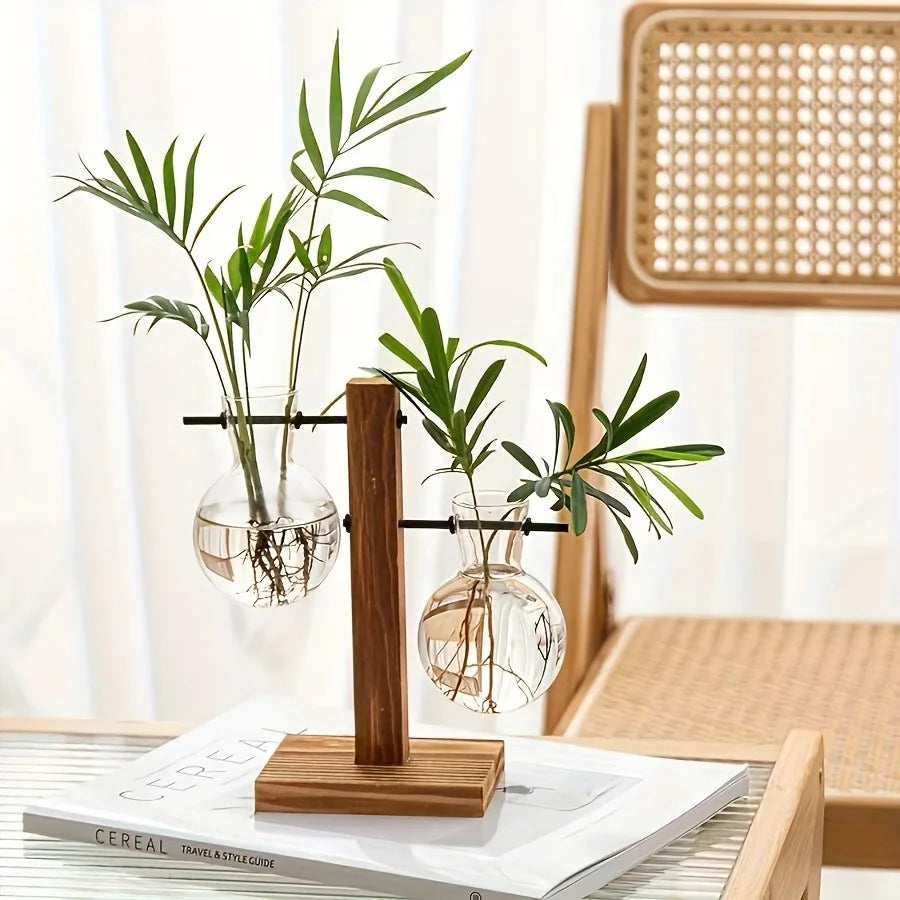 support plantes verre transparent bois brun clair minimaliste moderneintérieur decorationhydroponie