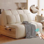 canapé lit extensible canapé moderne simili cuir beige clair coussins tablette intégrée tapis