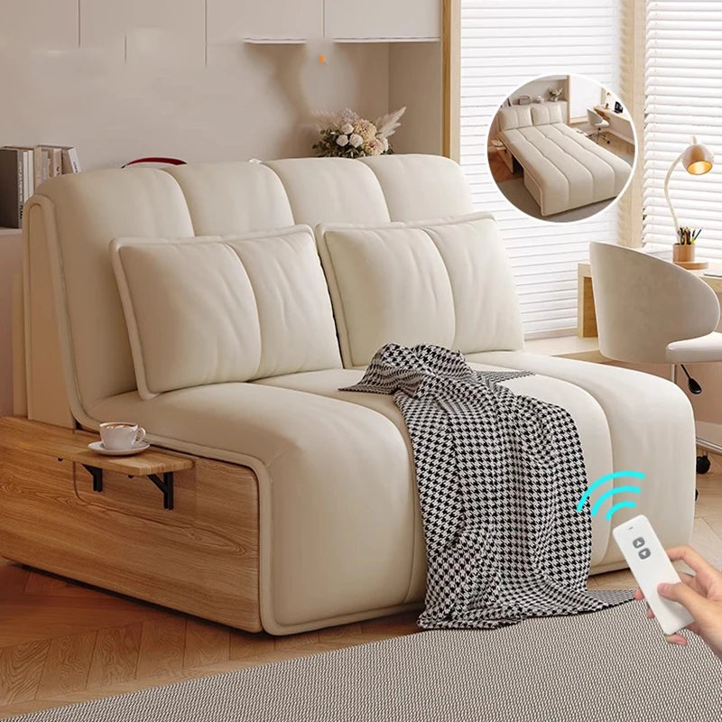 canapé lit extensible canapé moderne simili cuir beige clair coussins tablette intégrée tapis