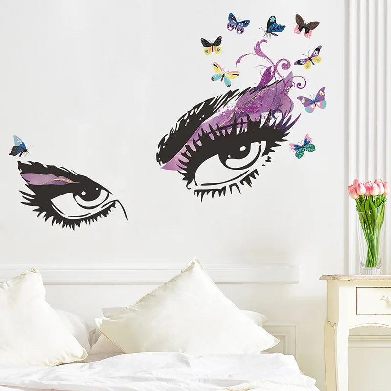sticker mural yeux stylisés adhésif pvc résistant eau moderne artistique noir violet bleu rose