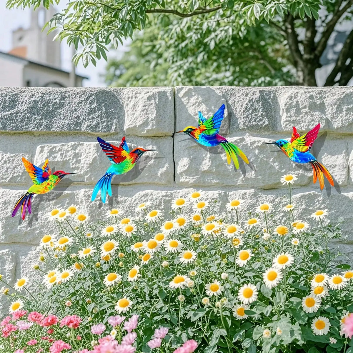 décoration murale métal oiseaux multicolores artisanal intérieur extérieur éléments suspendus pastel