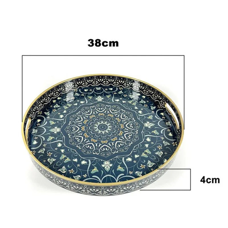 plateau rangement vintage plastique bleu marine motif floral poignées métalliques décoration intérieure classique
