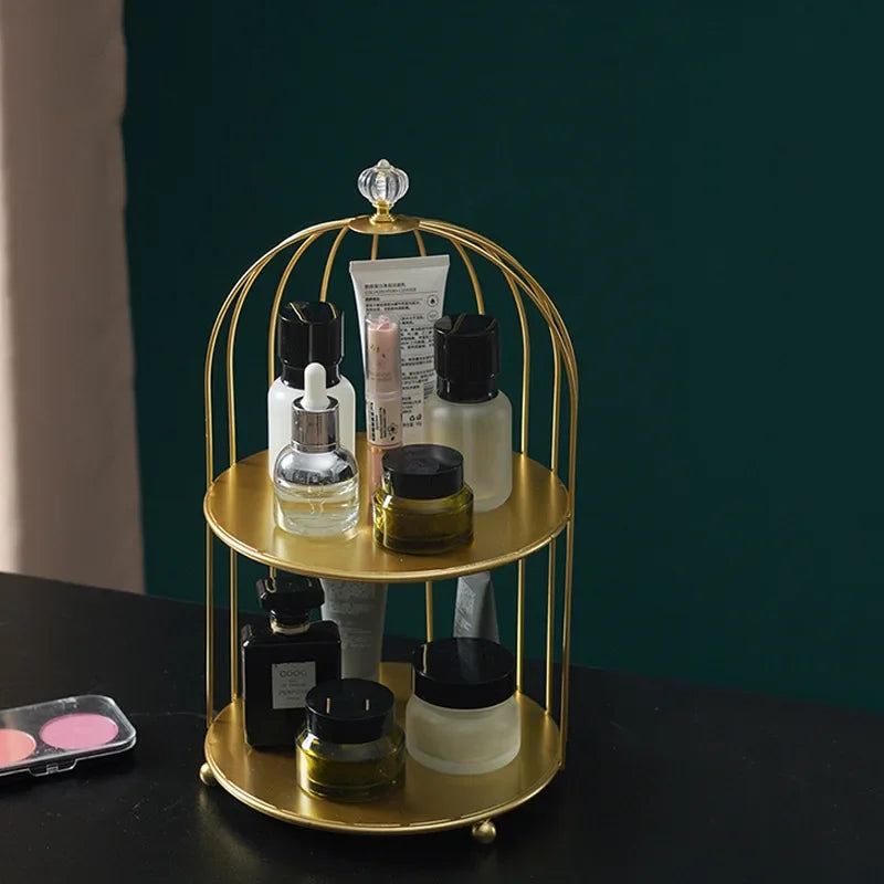 étagère double niveau or rangement cosmétiques parfums cage oiseau pieds dorés