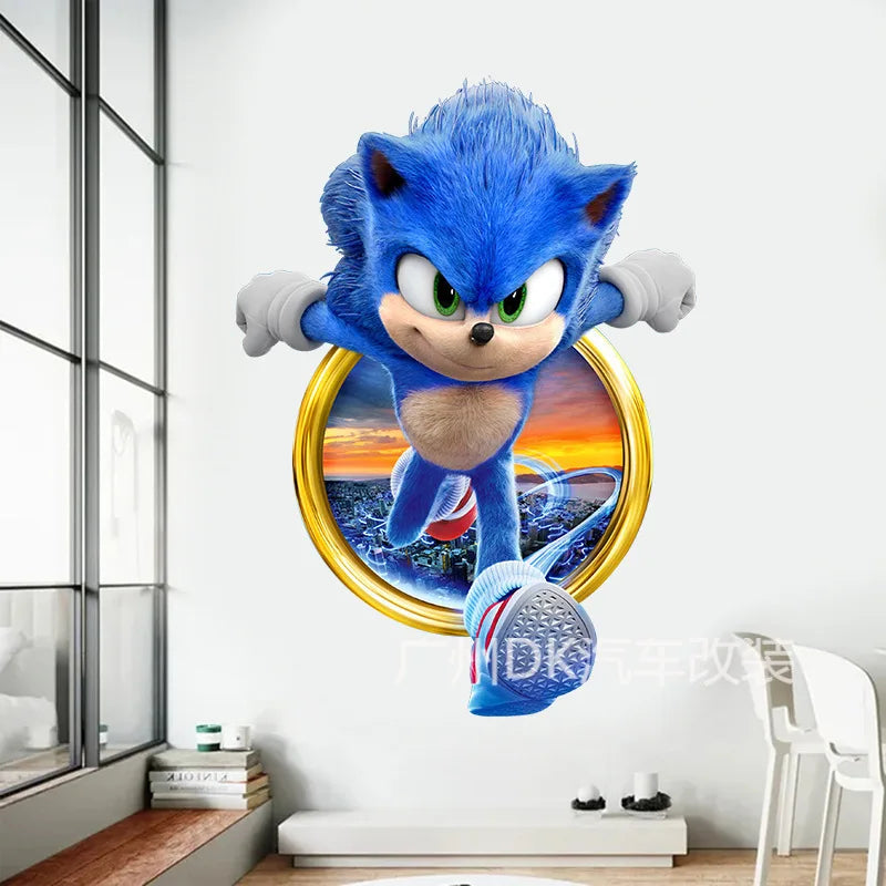 sticker mural 3d sonic bleu blanc rouge moderne adhésif ombre urbain lumière chambre enfant