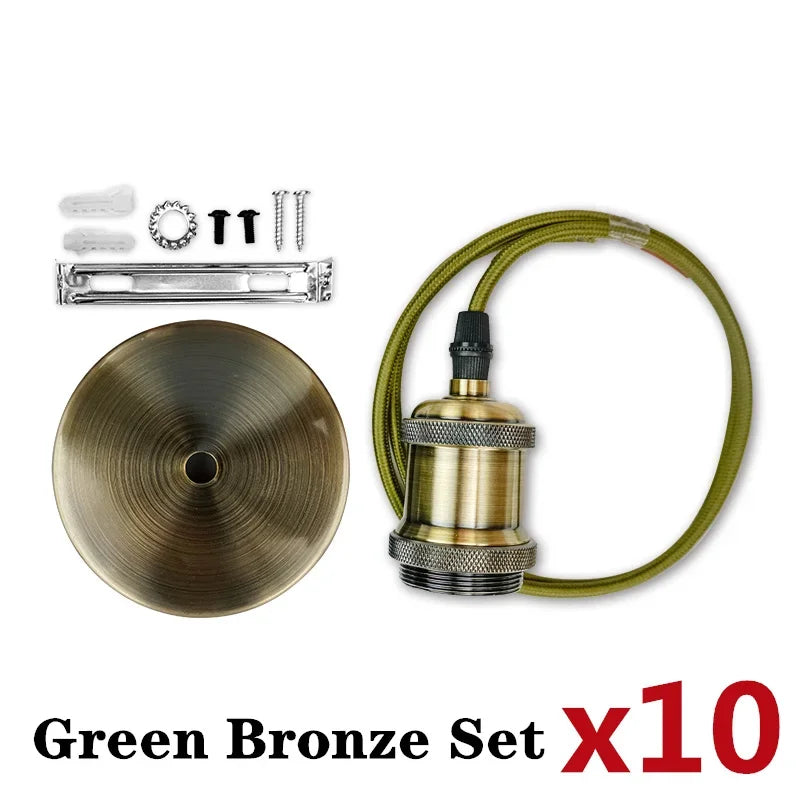 lampe suspendue vintage support e27 bronze doré vert noir émaillé opacité cable tressé