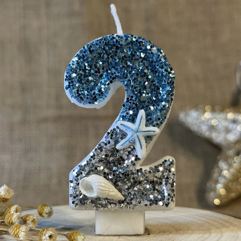 décoration gâteau sirène océan bougie chiffre paillettes étoiles mer coquillage thème marin blanc bleu
