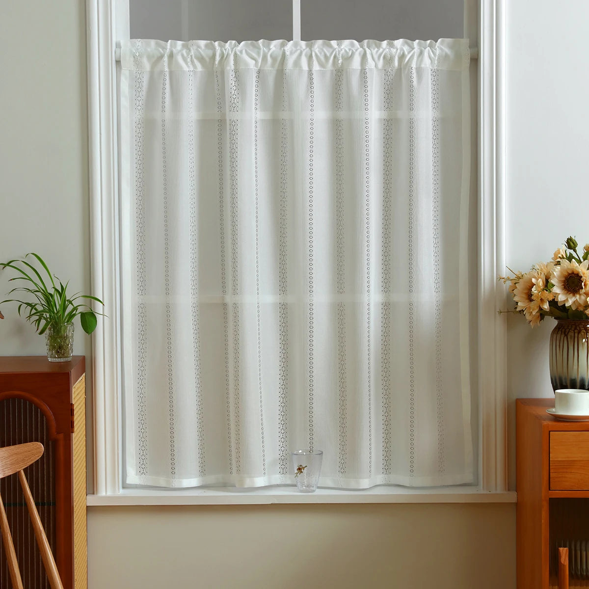 rideau blanc moderne translucide points noirs ruban fixation polyester maison officehôtelcafétaille132x80cm