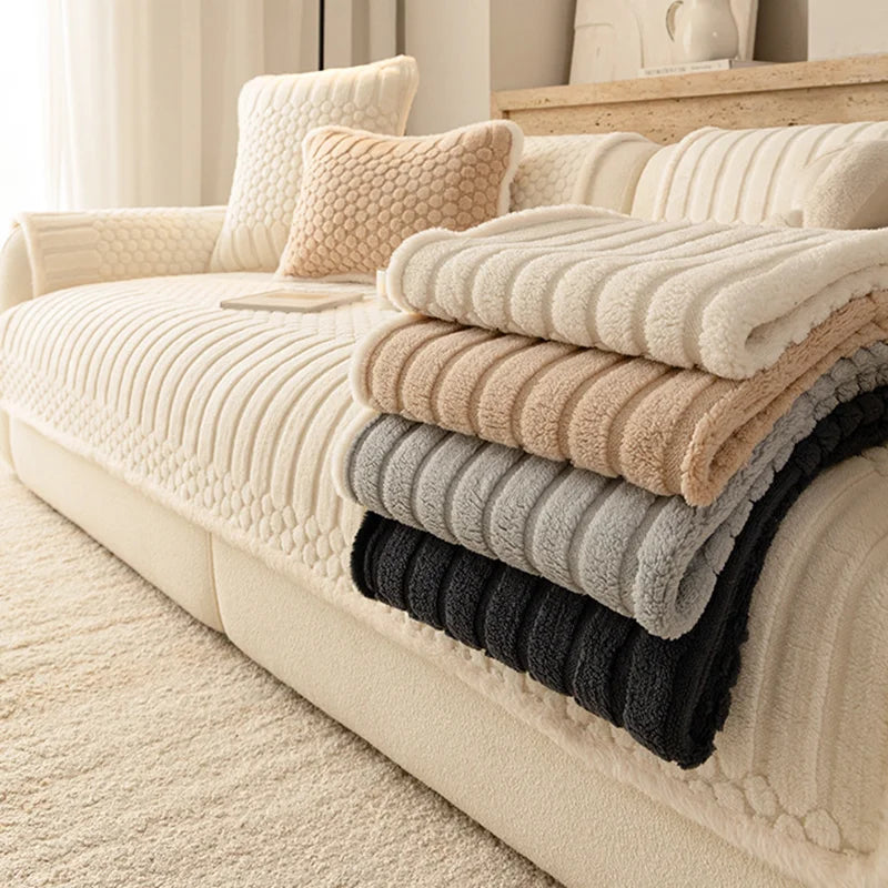 housse canapé sectionnel motif points ronds beige moderne coussins fixation