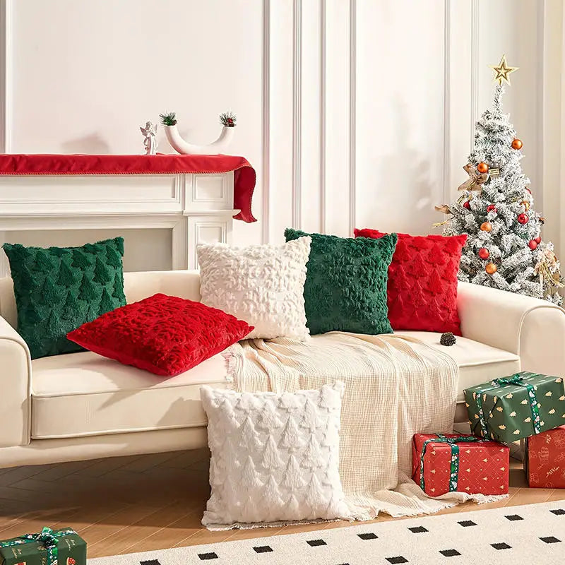 housse coussin noël motif arbre vert rouge blanc decoration maison festive 45x45cm