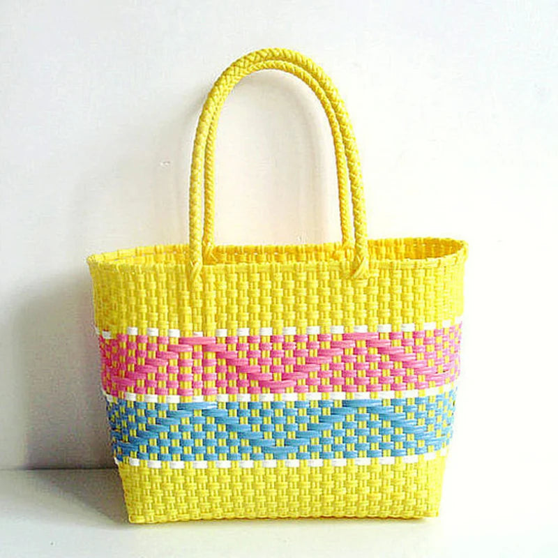 sac main plastique tissé géométrique polyvalent femme moderne noir blanc jaune bleu turquoise poches