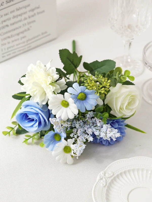 Bouquet artificiel fleurs soie rose blanc bleu orange feuilles vertes décoration mariage anniversaireextérieur classique
