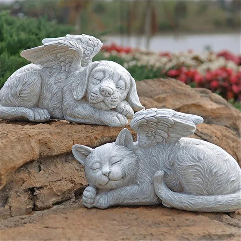 statue ange resine chien chat ailes plumes decoration exterieur gris clair commémoration animal décédé