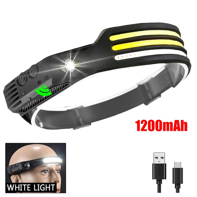 lampe frontale led cob rechargeable camping pêche randonnée noir rayures jaunes