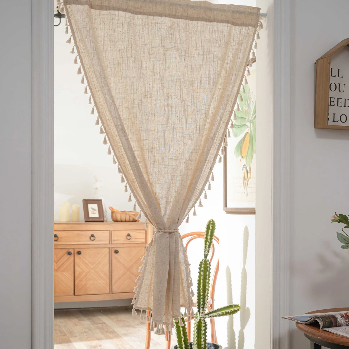 rideau boho chic beige clair tassel opacité tissage léger franges chambre salon