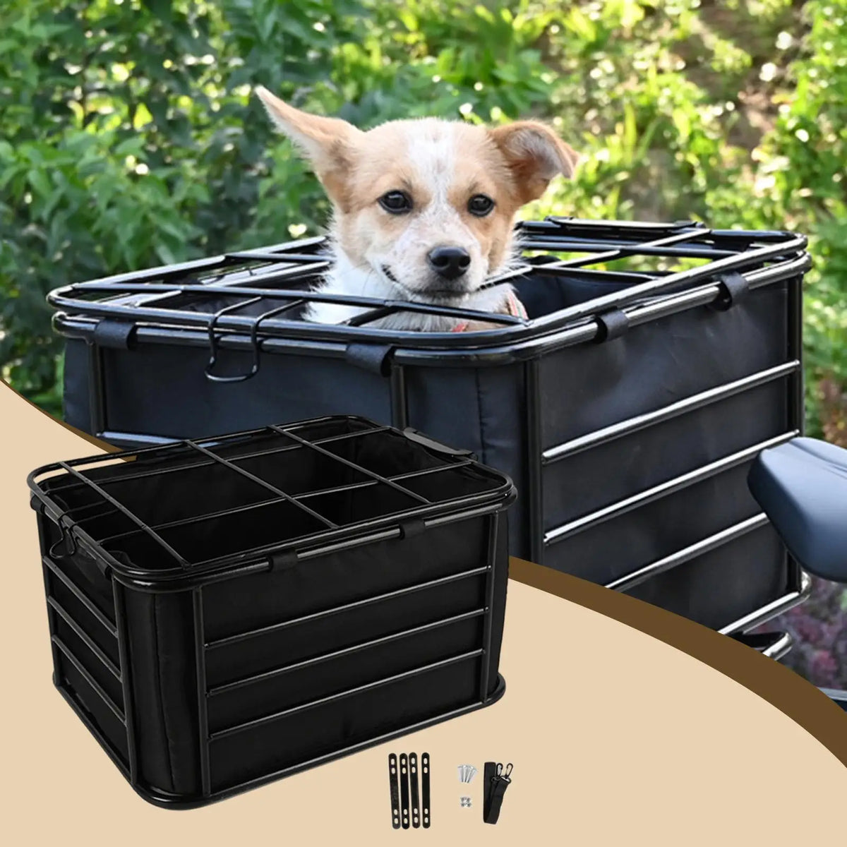 panier vélo arrière chien acier noir barreaux tissu opaque randonnée camping sortie plein air
