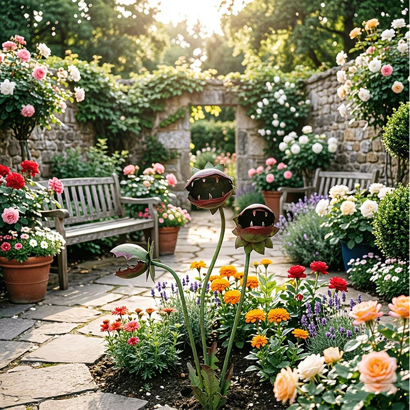 décoration extérieure plante carnivore artificielle dents fleurs noires vertes rose gothique fantaisieextérieur métal crochet