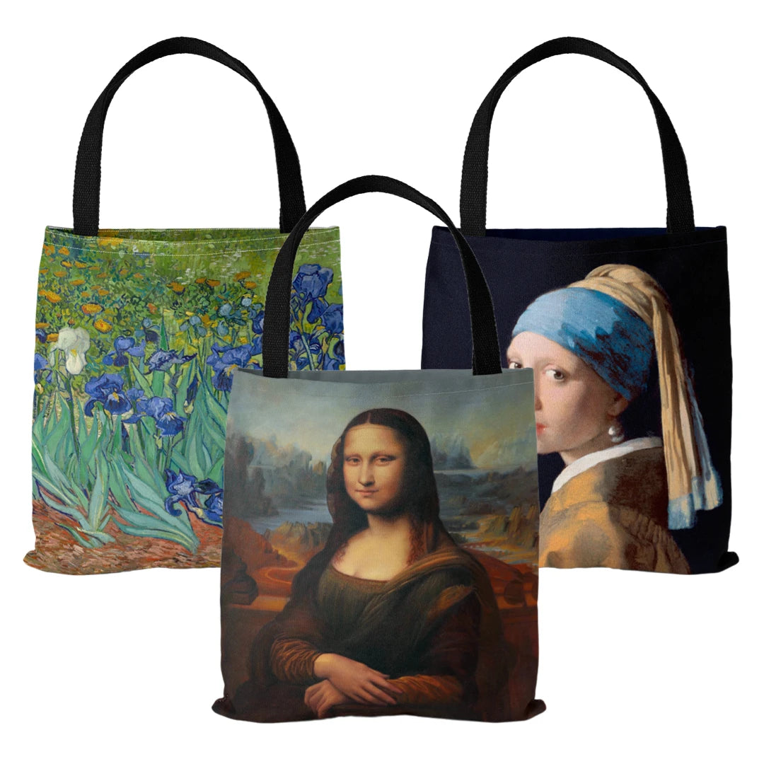 sac main polyester fleurs iris paysage moderne vert bleu beige noir poignées