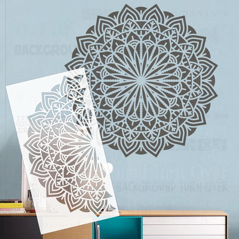 Stencil mural mandala symétrique gris artisanal adhésif taille 35x70cm 30x60cm 50x50cm 40x80cm 45x90cm