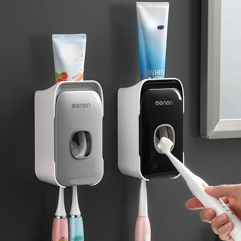 distributeur dentifrice automatique blanc noir moderne pratique adhésif salle bain hygiène oral plastique rechargeable