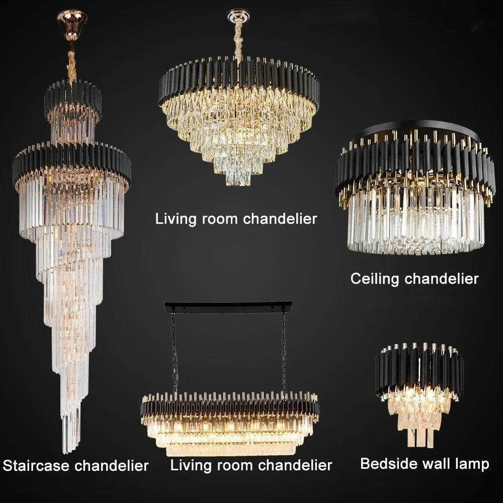 lustre contemporain noir doré cristal suspension salon élégante barres verticales pendants transparents