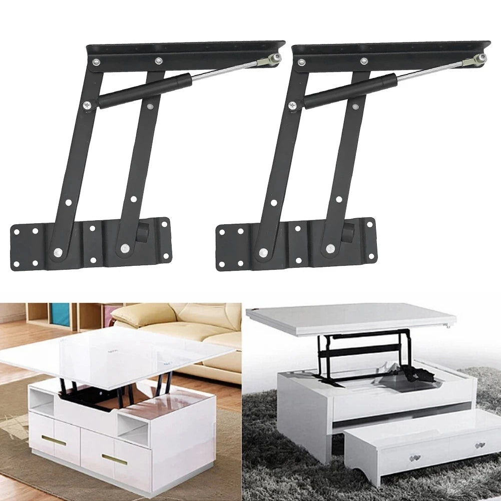 meuble cadre fer hydraulique table basse relevable moderne utilitaire kit deux pièces noir bois