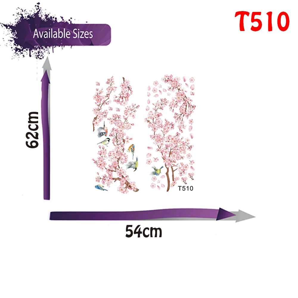 sticker mural arbre fleur cerisier rose oiseaux feuilles naturel chambre salon kitchen