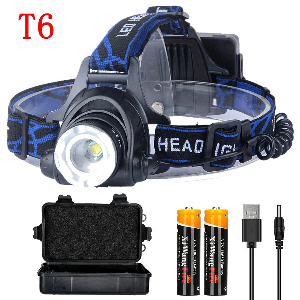 lampe frontale led rechargeable usb ipx4 water resistant noir bleu adjustable bandage haute luminosité
