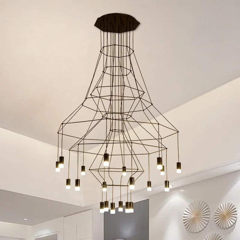 suspension lumineuse moderne fer noir structure géométrique interrupteur bouton éclairage intérieur minimaliste