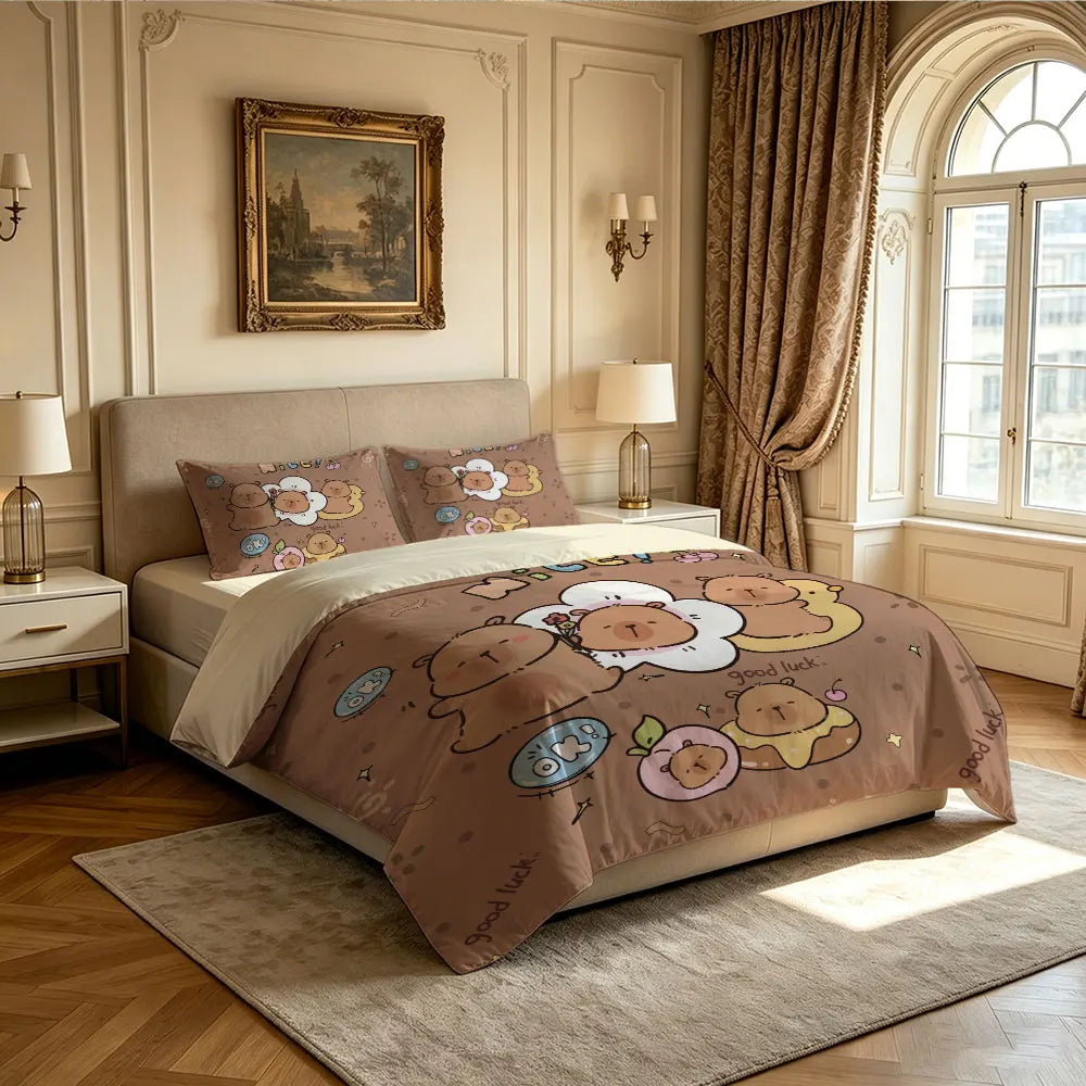 ensemble literie enfant mignon couvre lit taies oreiller motif personnages anthropomorphes kawaii