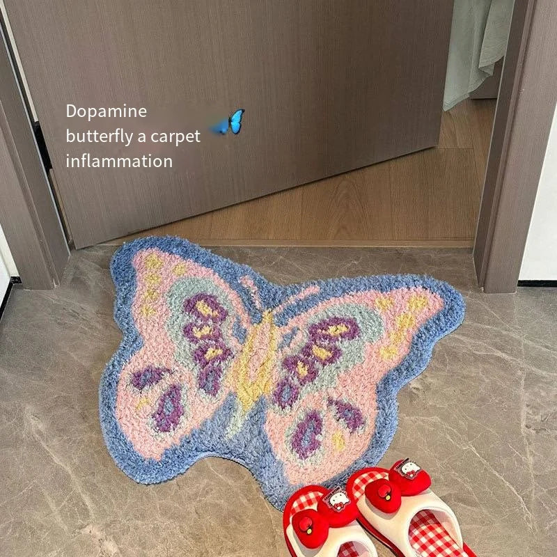 tapis moderne papillon polycolore bleu rose jaune violet blanc non slip facile entretien chambre