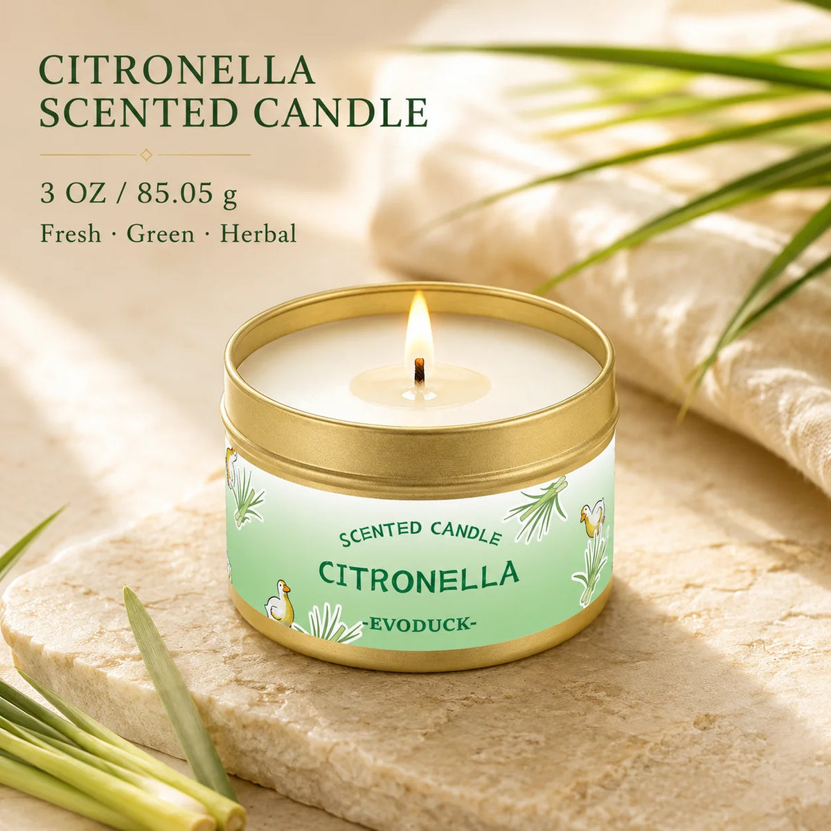 bougie parfumée citronnelle motif floral blanc vert clair contemporain coton boîte métallique patio jardin