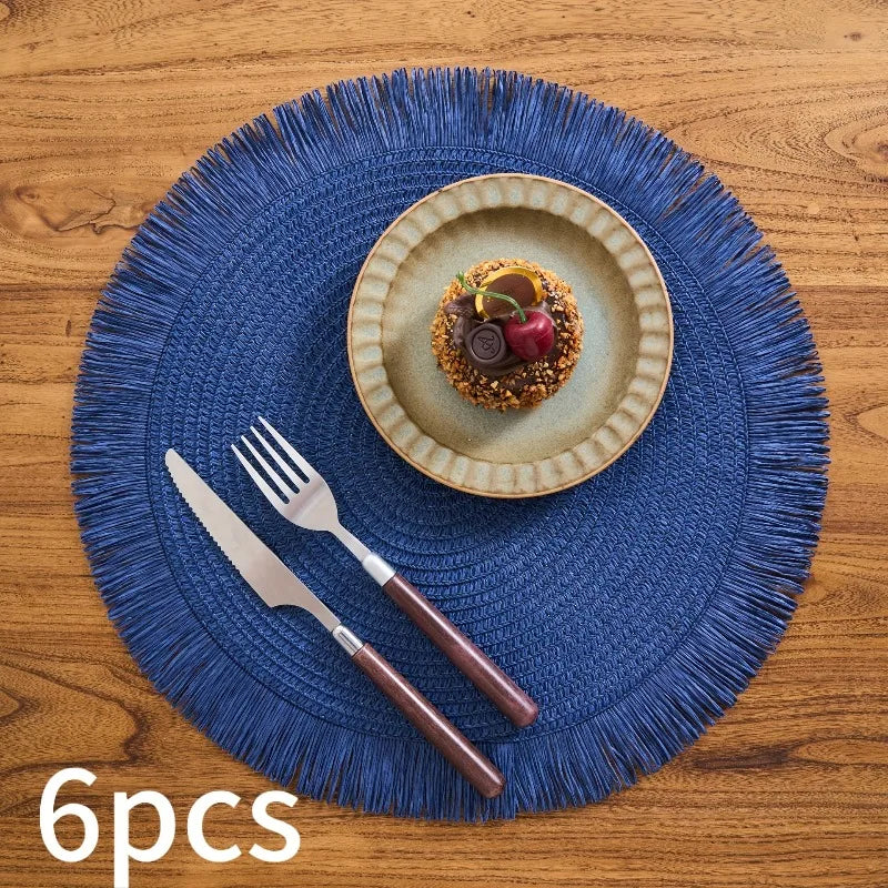 tapis table rustique boho chic spirale tissu franges beige rose bleu marine