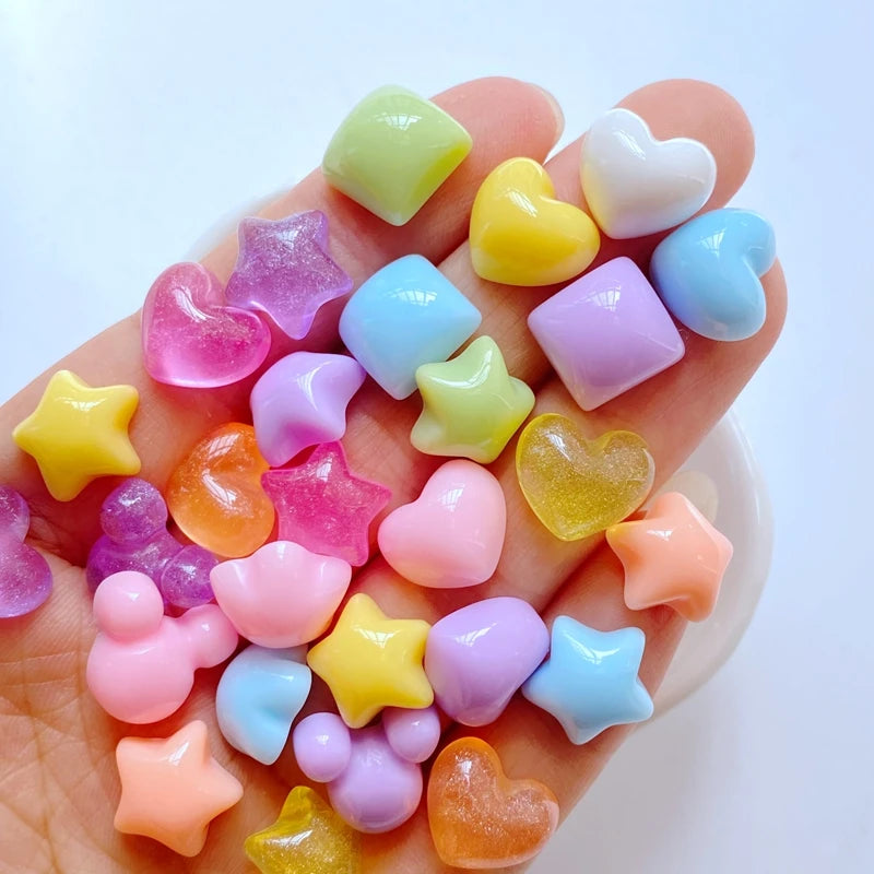 decoratives resine forme coeur etoile fleur couleurs vert jaune rose blanc bleu violet 11mm